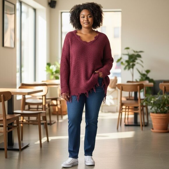 Runway Womens Burgundy Destructed Edge Knit Pullovers Tunic Sweater 3X - Picture 1 of 16